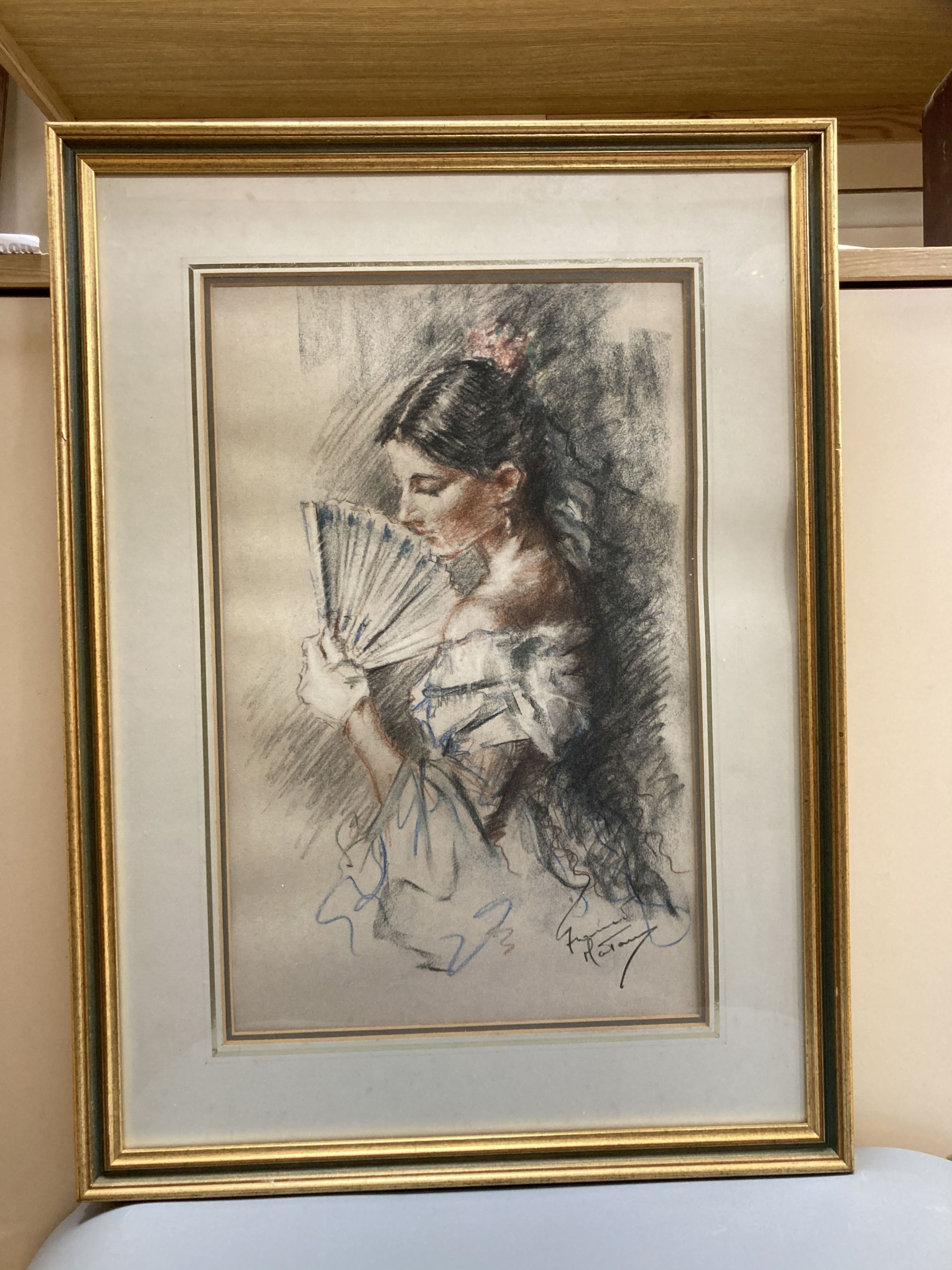 Franco Matiana (1922-2006), pastel, Spanish woman holding a fan, signed, 48 x 30cm